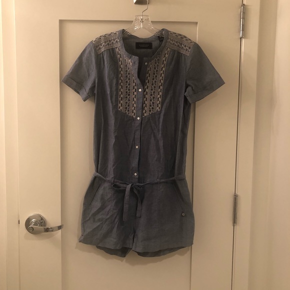 New Maison Scotch Small / 1 Embroidered Chambray Romper Cotton Blue NWT $125 - Picture 2 of 5